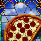 Pepperoni and Mozzarella Pizza by Stained Glass Window