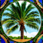 Colorful Blue and Green Mosaic Frame with Palm Tree and Sky View