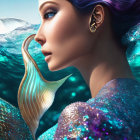 Mermaid Digital Artwork: Blue-haired mermaid with sparkling scales and golden fish underwater.