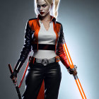 Blonde woman with pigtails in orange jacket wielding red lightsabers