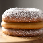 Three Powdered Sugar Donuts on Wooden Board with Soft-focus Background