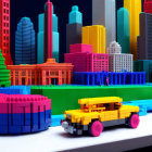 Colorful Lego cityscape with buildings and car.