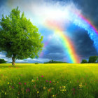 Double Rainbow Over Lush Meadow with Tree in Stormy Sky