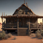 Rounded roof log cabin in desert sunset with cacti & weathered wood