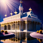 Ornate carousel with golden accents reflecting on calm water