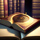 Intricately designed ornate book with golden edges on table, surrounded by leather-bound books.