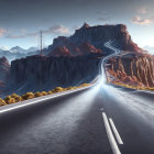 Highway winds through rugged mountain landscape with towering mesa under cloudy sky