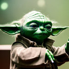 Green background figure resembling Yoda at microphone