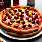 Thick Crust Pizza with Tomato Sauce, Melted Cheese, Pepperoni, and Red Drink