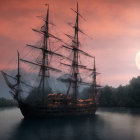 Tall ship with illuminated windows sailing at dusk