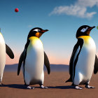 Animated penguins playing tennis on sandy surface