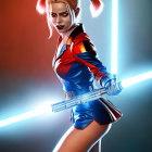 Blonde twin ponytails female character with blue lightsaber in sci-fi outfit