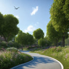 Tranquil Park Scene with Winding Path and Wildflowers