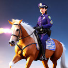 Stylized female police officer on horse with fantastical light beam