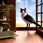 Three cats, birdcage, small bird, and sunset view in traditional room