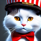 White Cat Digital Illustration with Yellow Eyes, Red Bow Tie, and Striped Top Hat