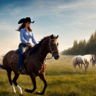 Cowboy-hatted woman riding brown horse in sunny field with another rider.