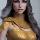 Digital Artwork: Woman with Gray Hair, Purple Eyes, & Gold Shoulder Garment