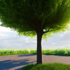 Lush tree with thick trunk and sprawling branches in grassy field under soft-focus sky