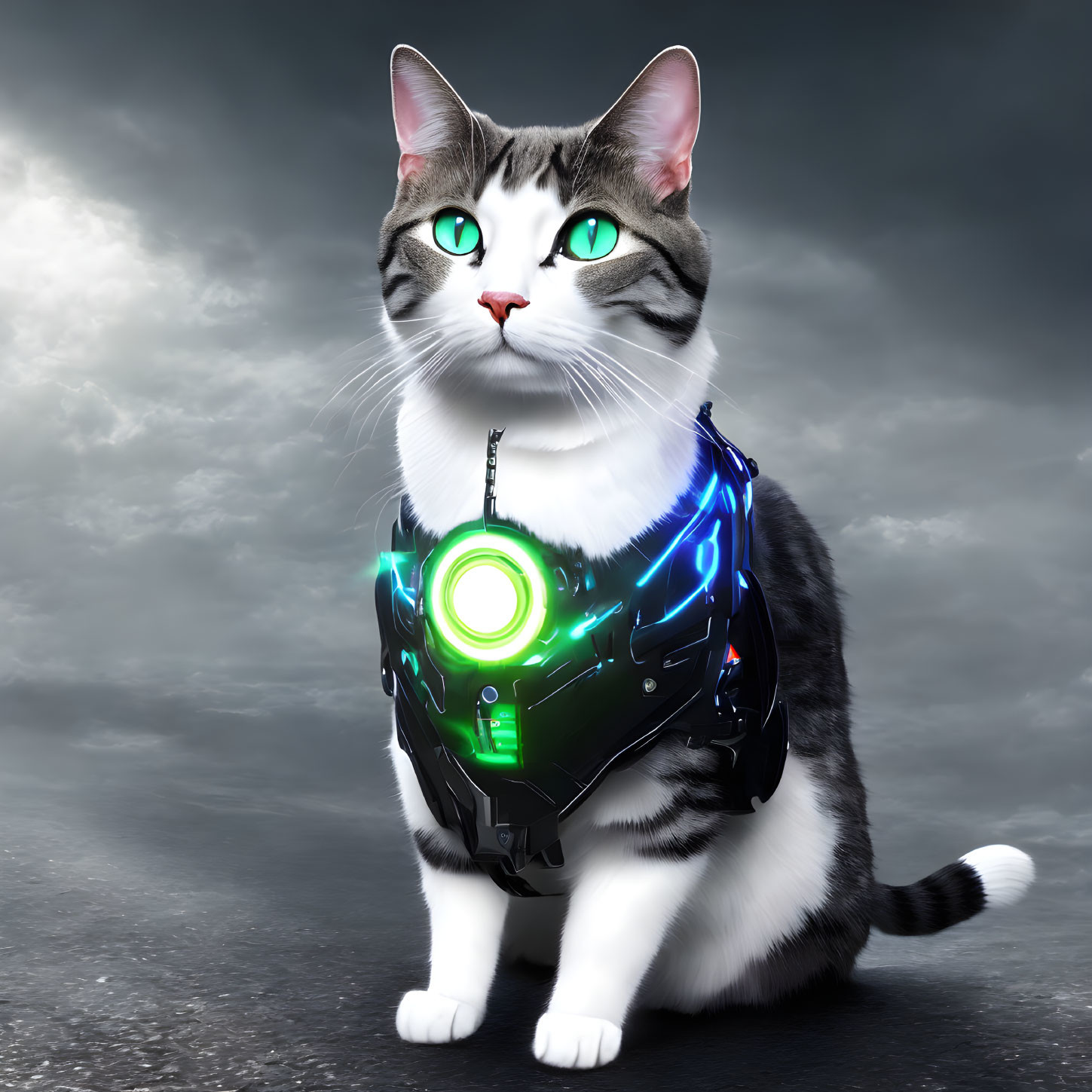 Green-eyed domestic cat in futuristic black harness with glowing blue lines and green core on stormy backdrop