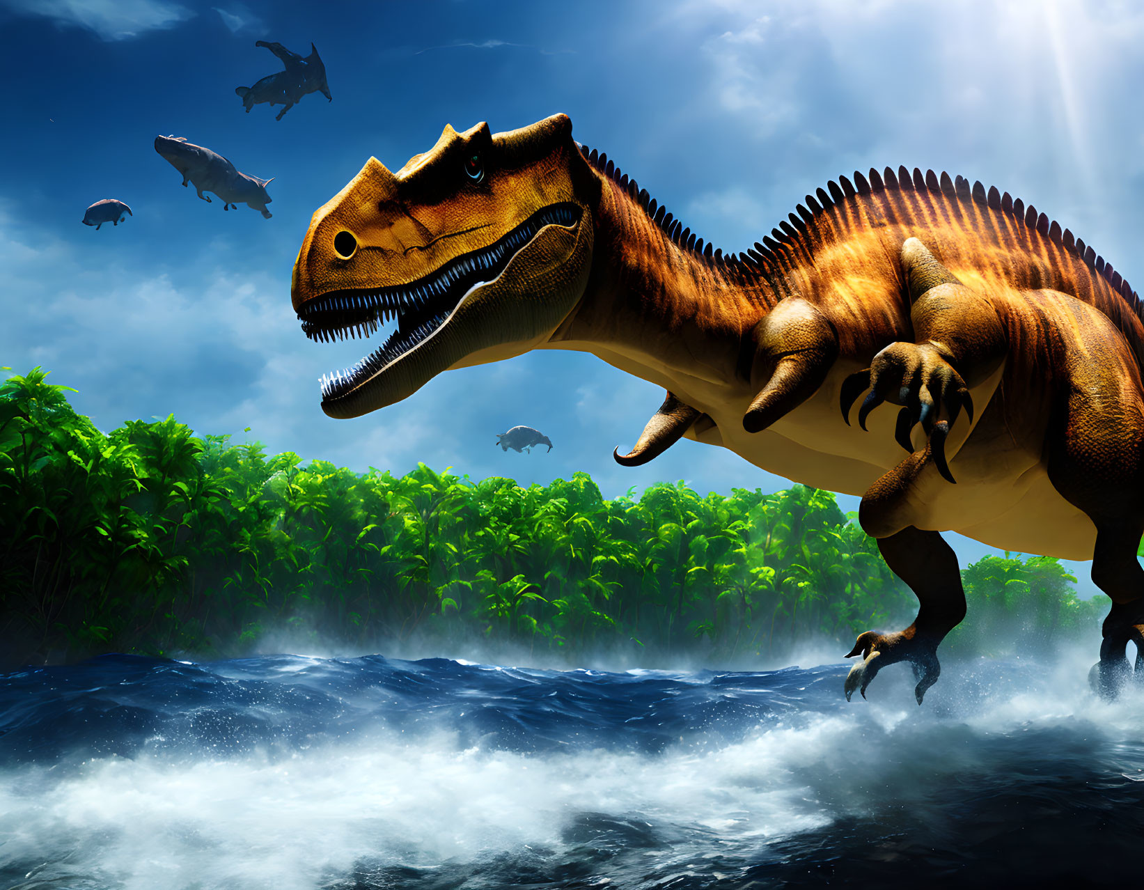 Tyrannosaurus rex in water surrounded by fish, jungle backdrop