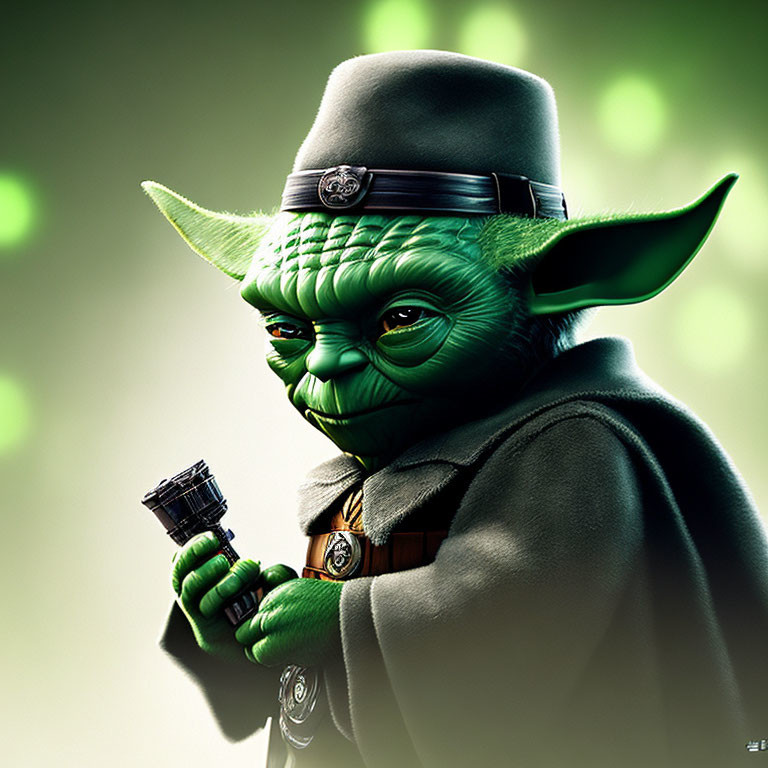 Green detective character with hat and magnifying glass illustration