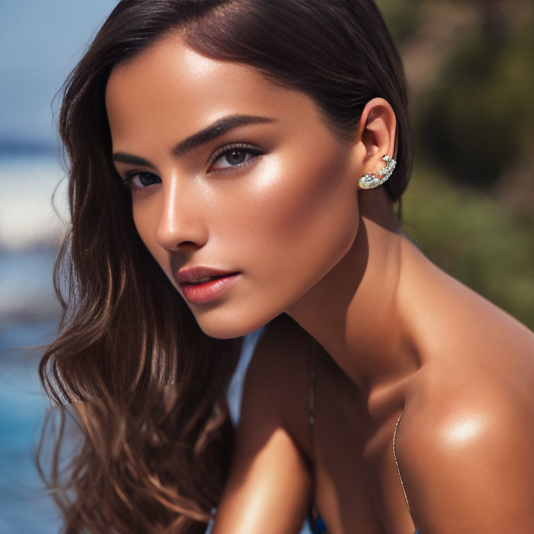 Tanned woman in blue top and earrings against beach backdrop