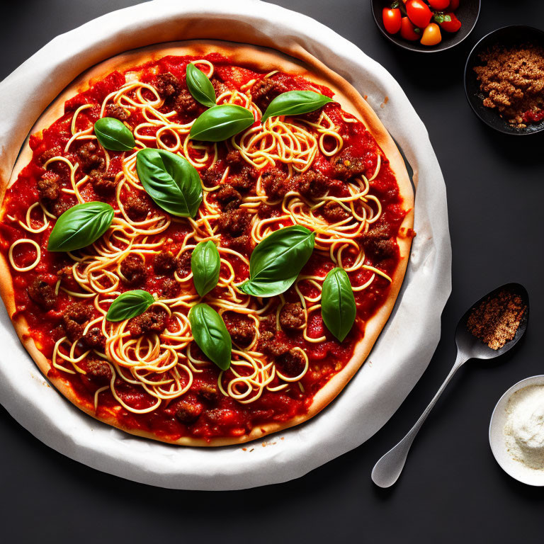 Pizza with tomato sauce, cheese, basil, meatballs, cherry tomatoes, spoon, and condiments