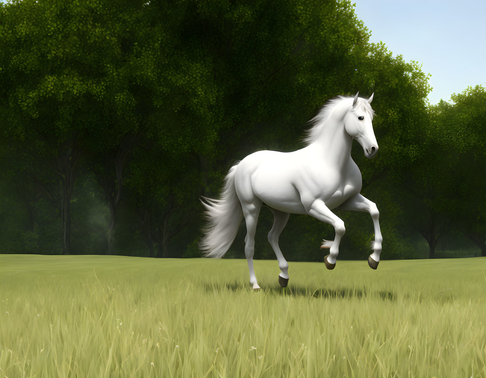 Majestic white horse running in sunny field with green trees