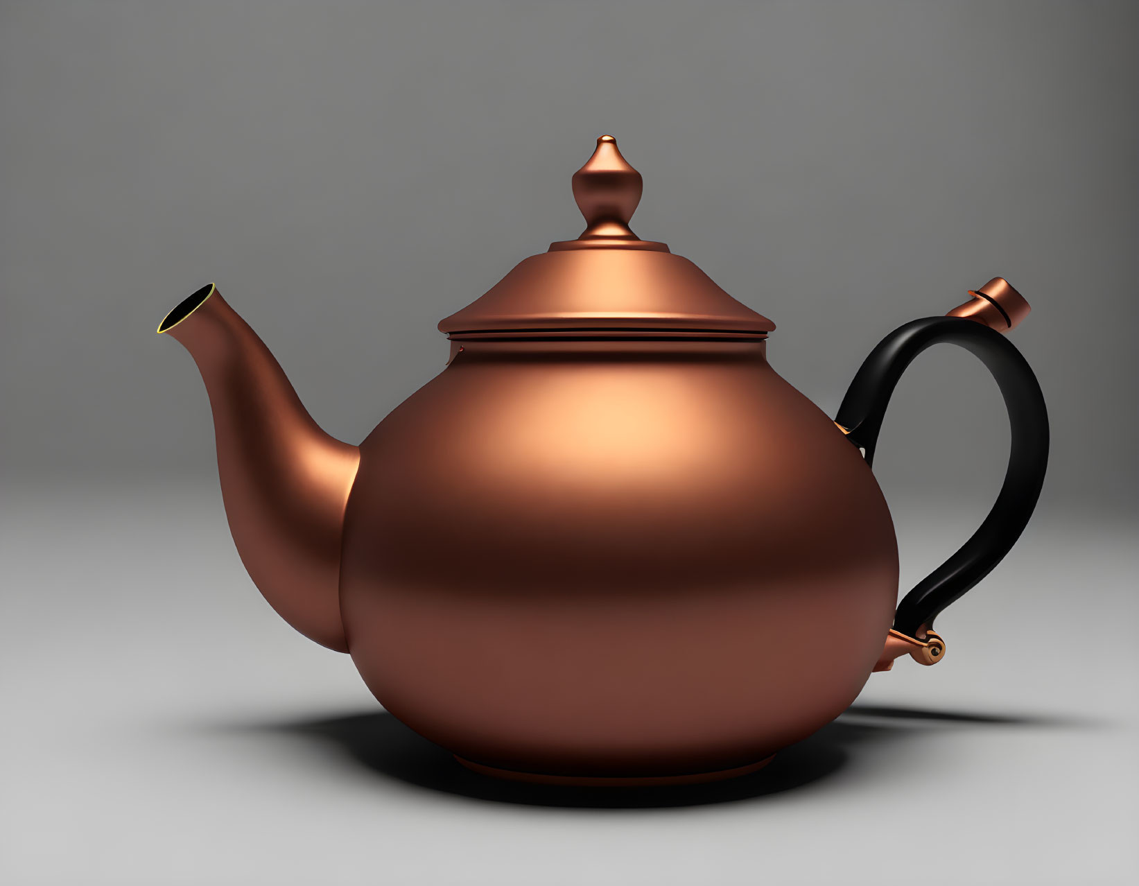 Bronze teapot with curved spout, black handle on grey background