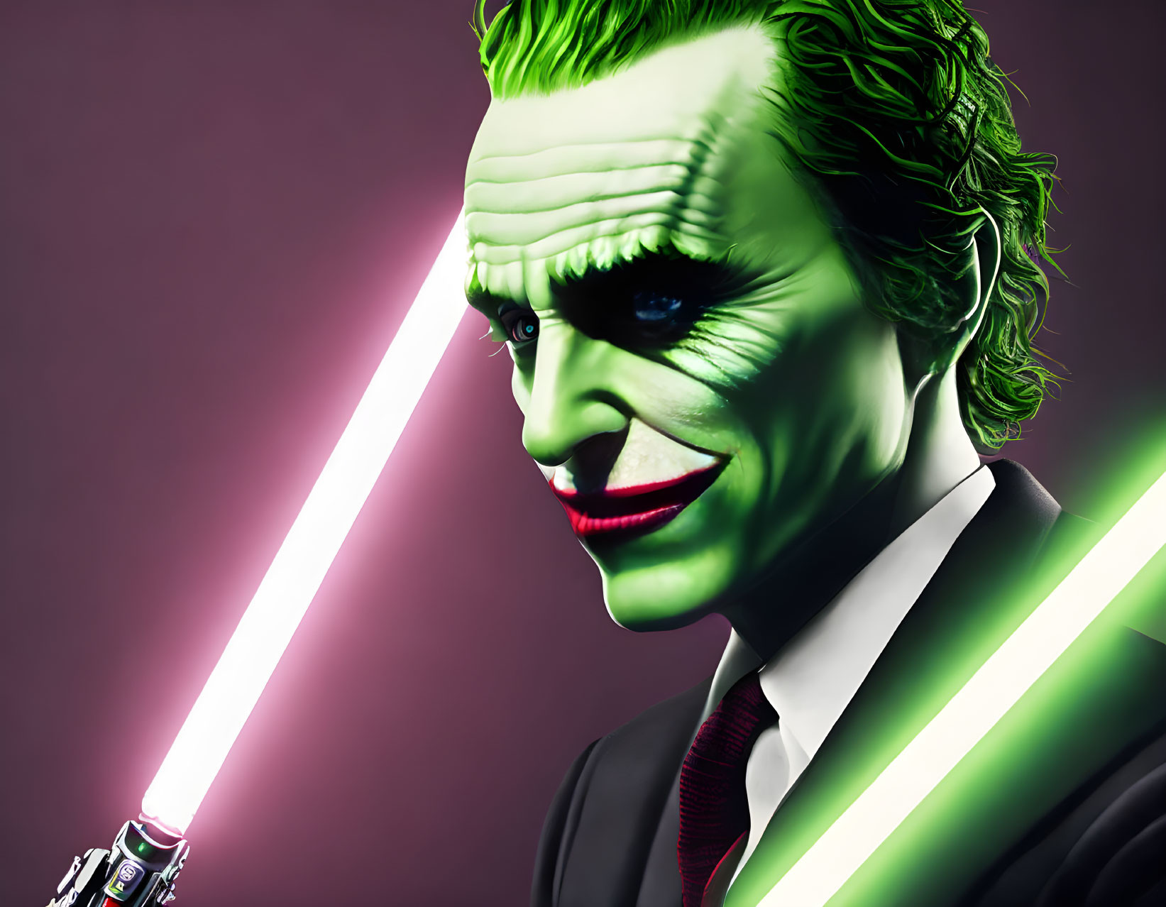 Digitally altered image of Joker with green hair and lightsaber on purple background