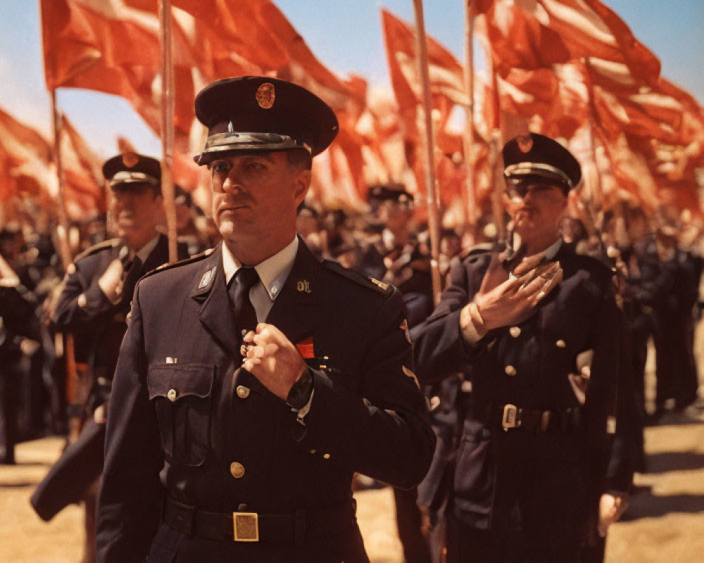 Uniformed officers saluting with waving flags in background