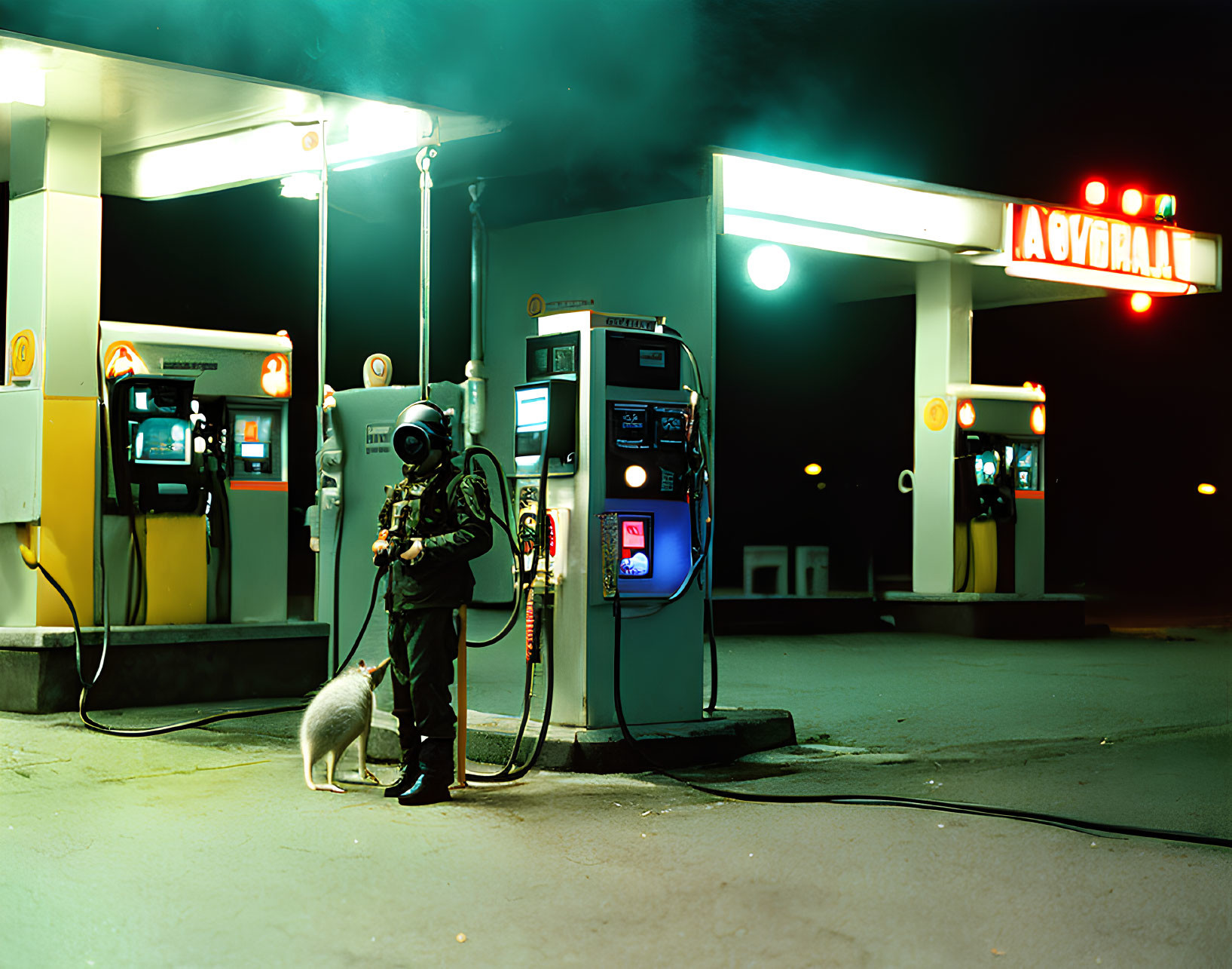 Astronaut with dog at night gas station