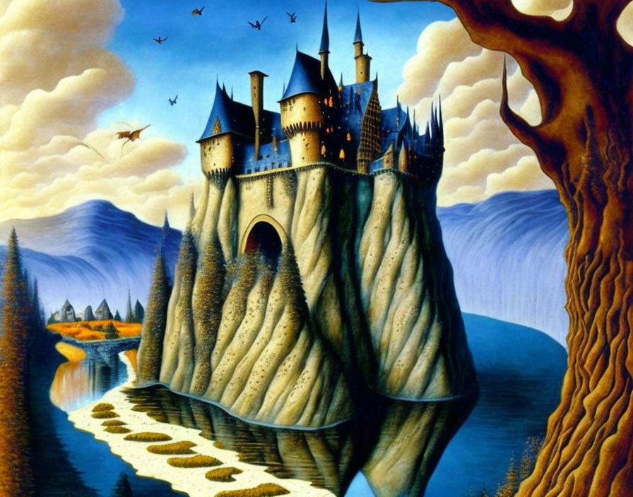 Fantastical castle on rocky hill with tree, birds, and houses under blue sky