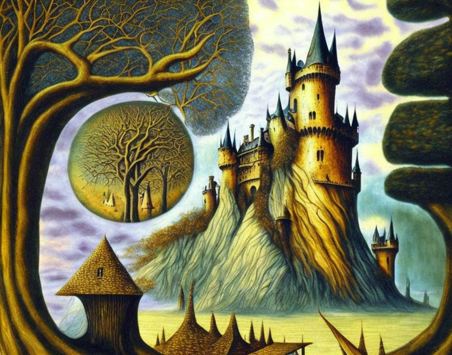 Castle with multiple towers on rocky hill, surrounded by spiked fence, whimsical tree and moon in background