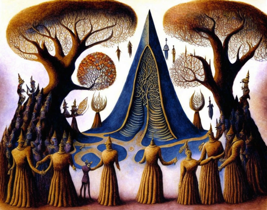 Surrealist painting with robed figures and fantastical trees around central blue-draped figure