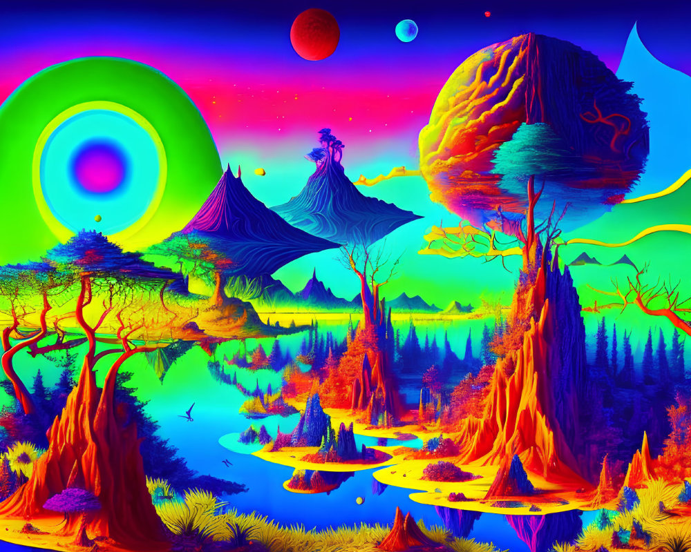 Colorful Psychedelic Landscape with Floating Islands & Celestial Sky