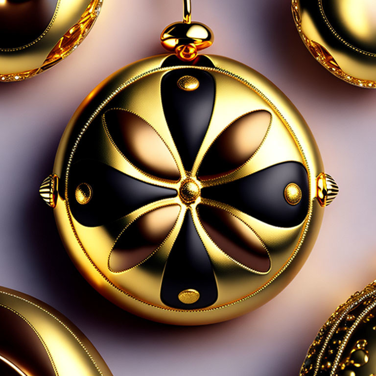 Luxurious Golden Christmas Bauble with Black and Gold Flower Pattern