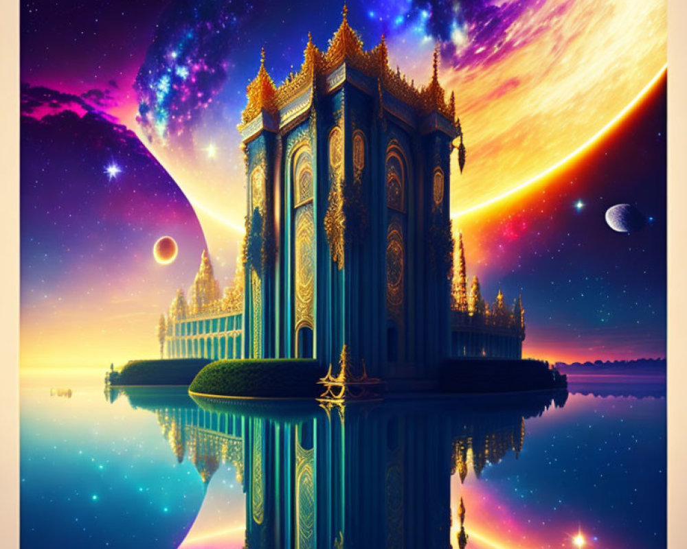 Majestic golden palace in vibrant fantasy landscape