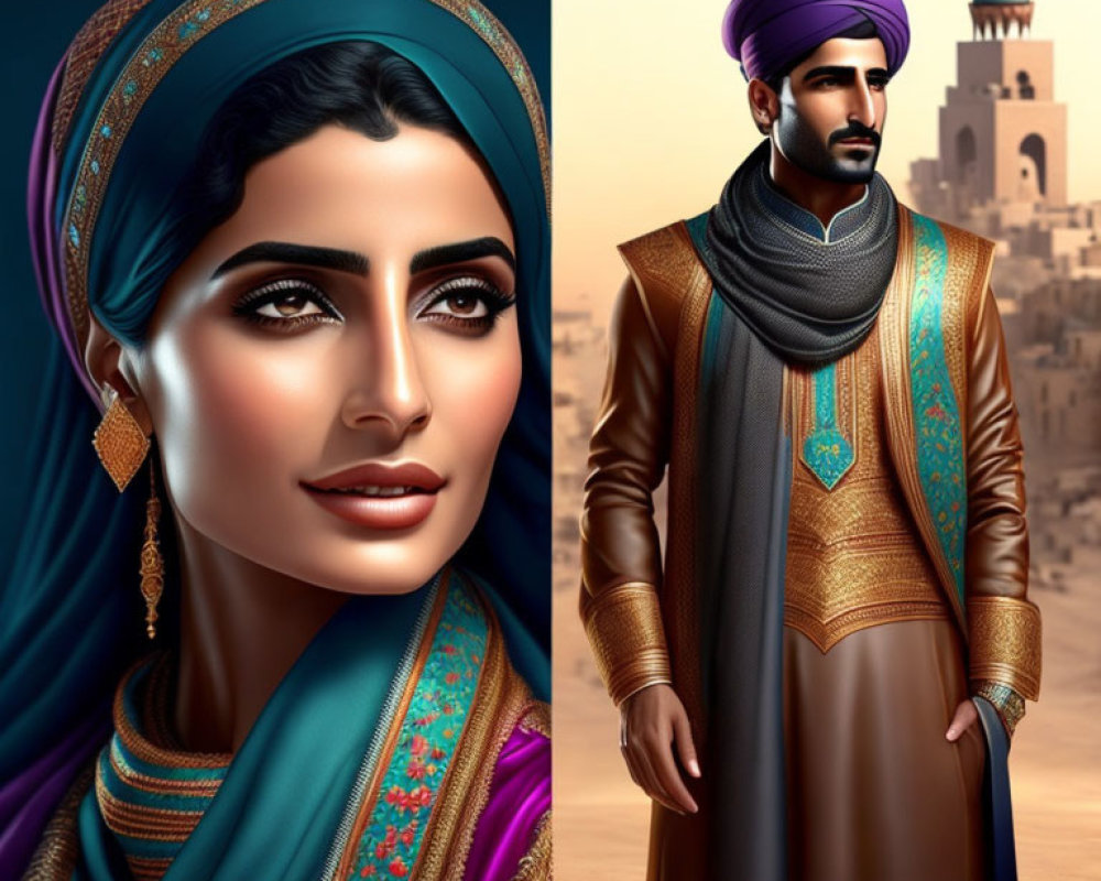 Traditional Middle Eastern Couple in Cityscape Illustration