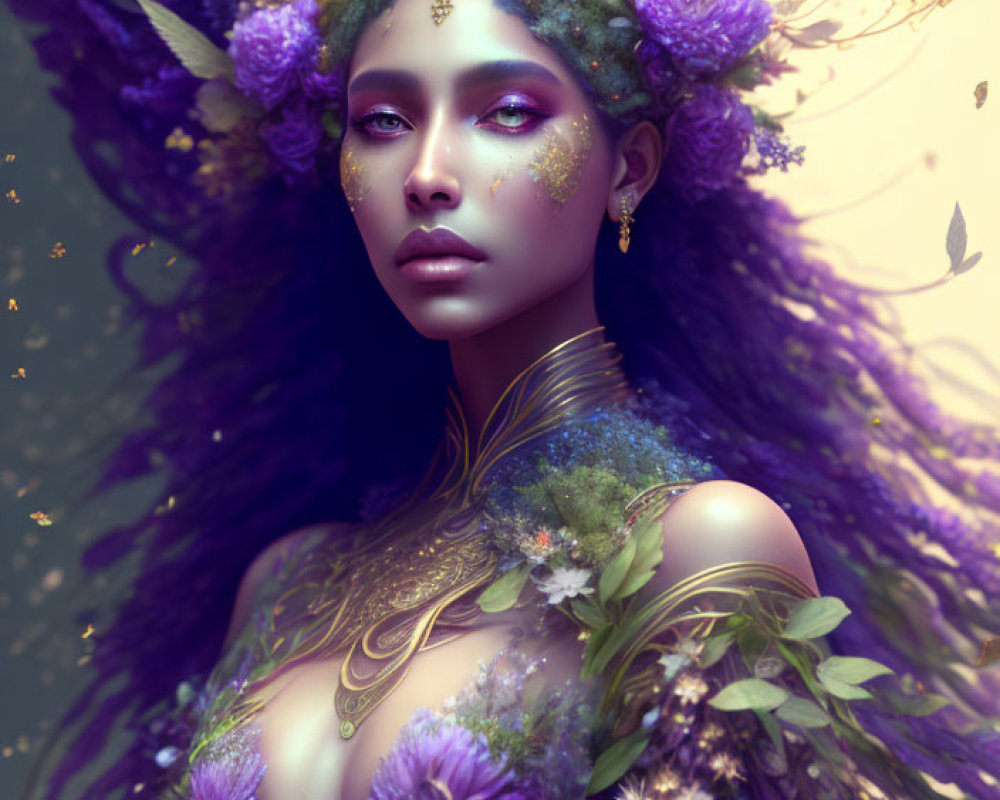 Fantasy portrait of woman with purple floral adornments and golden body jewelry