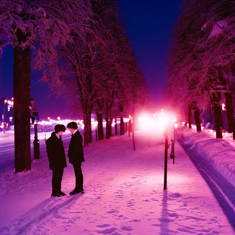 Snow-covered path with two people under purple and pink lights