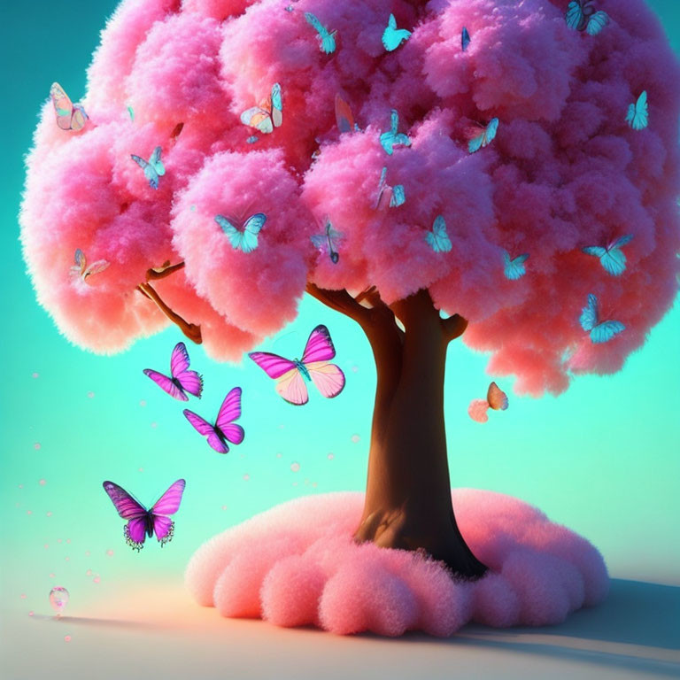 Vibrant pink fluffy tree with butterflies under turquoise light