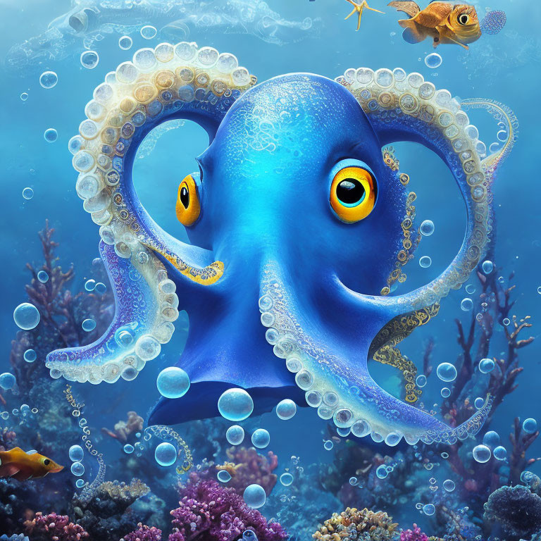 Blue octopus with yellow eyes in underwater scene