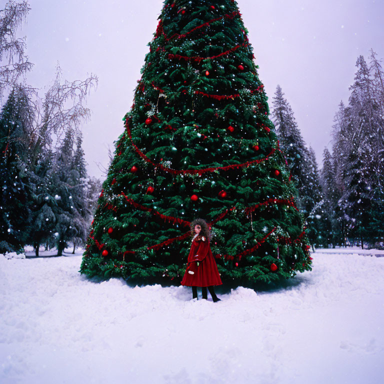 Person in Red Coat Standing by Snowy Christmas Tree with Falling Snow