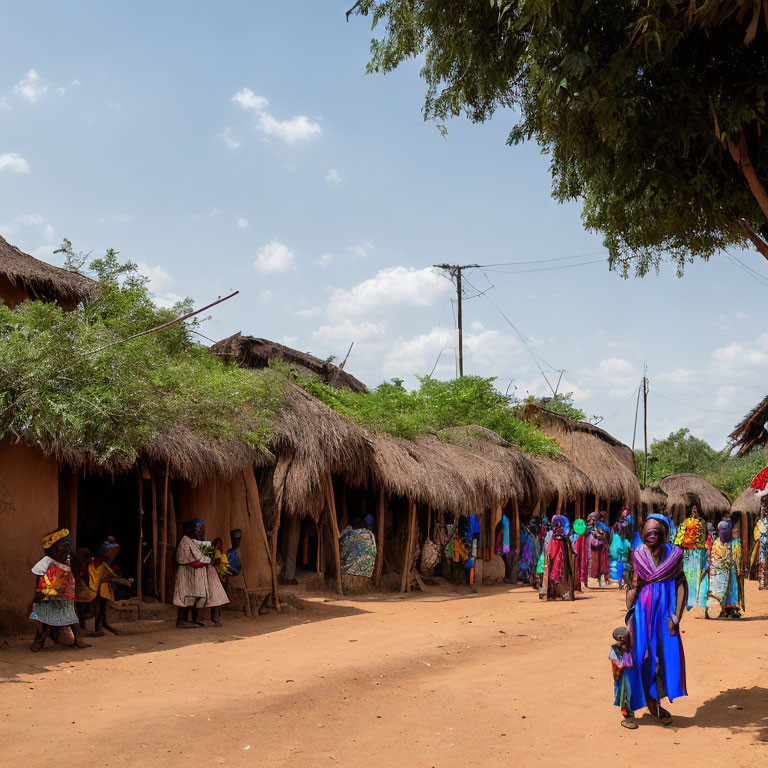 Colorful Thatched-Roof Village Scene with People Walking and Chatting