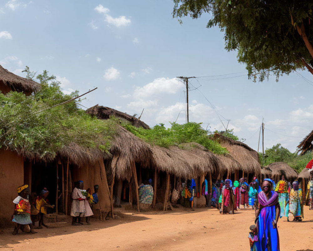 Colorful Thatched-Roof Village Scene with People Walking and Chatting