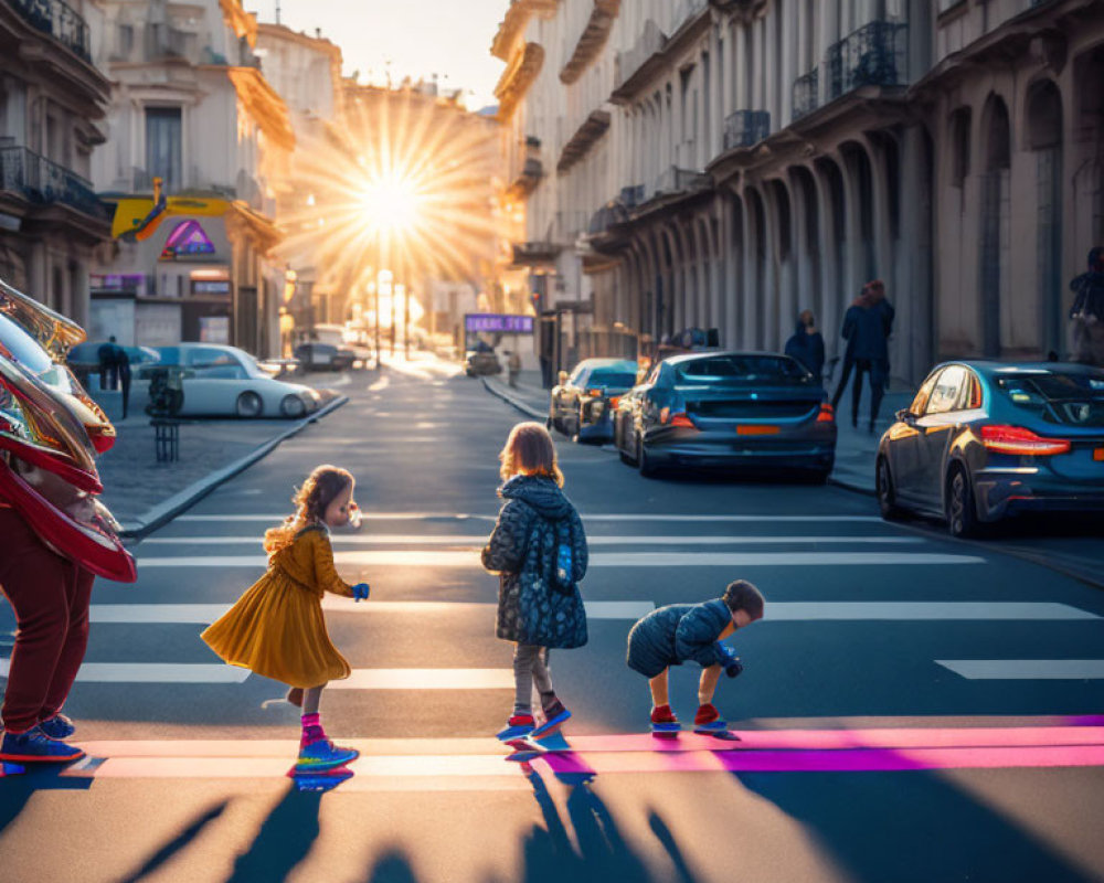 City street at sunset: Children crossing with colorful shadows