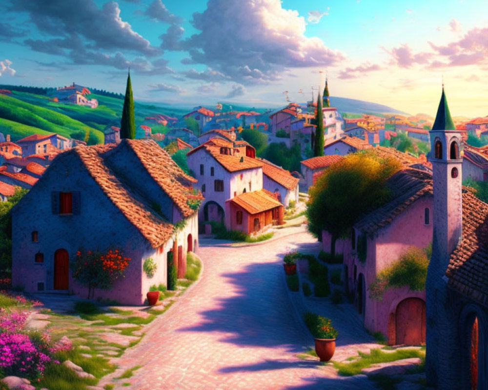 Picturesque village scene with cobblestone paths, quaint houses, and rolling hills at sunset