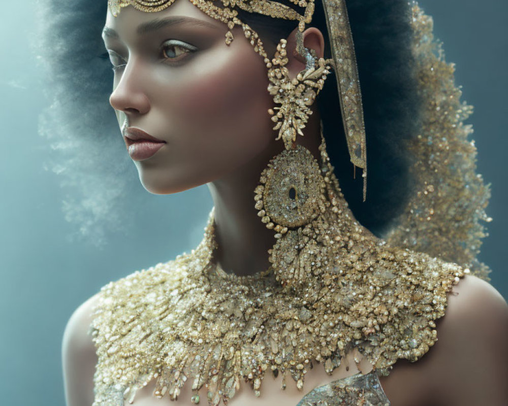 Elaborately adorned woman in golden jewelry on misty blue backdrop